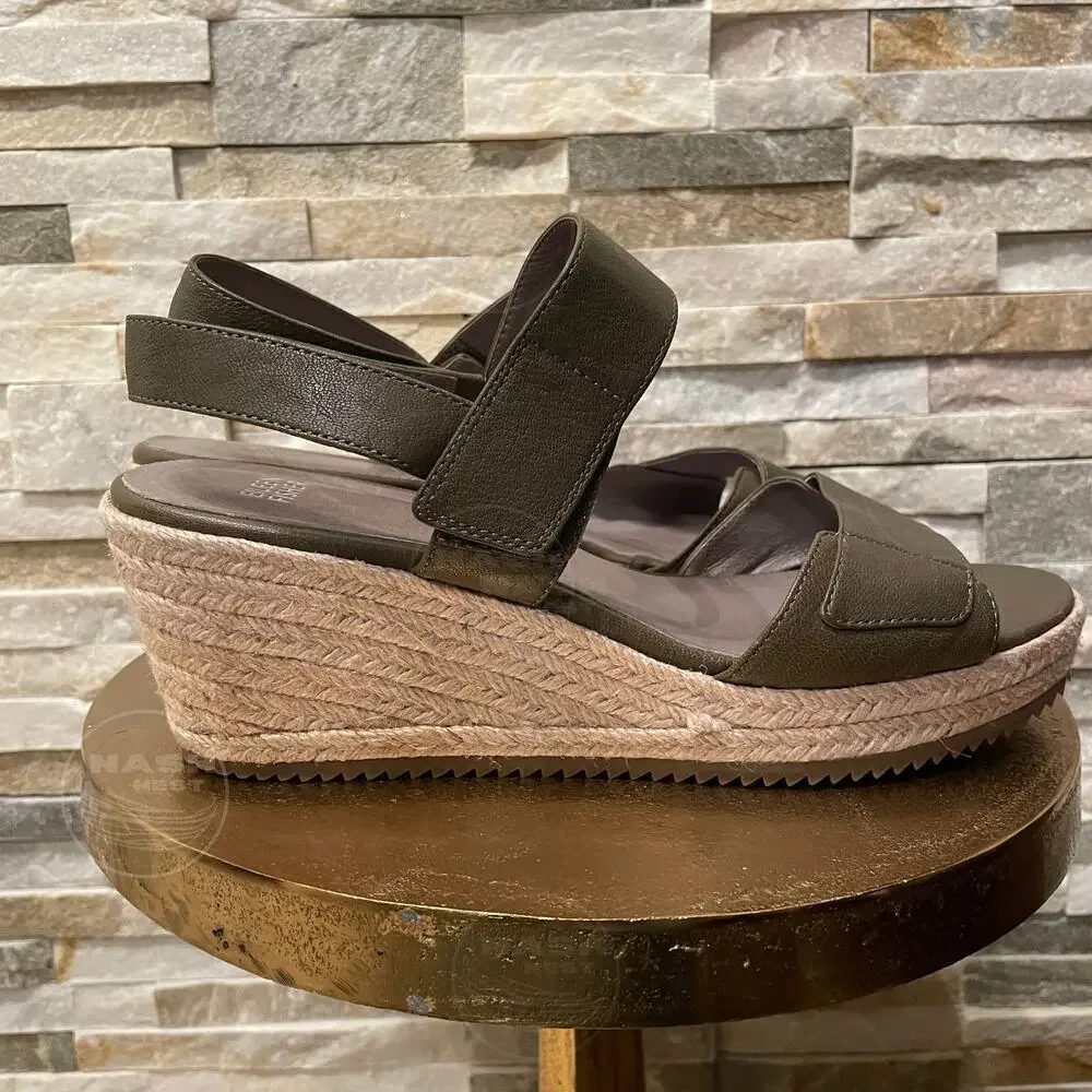 Eileen Fisher 10 Olive Leather Wedge Sandals | Espadrille Platform, Adjustable